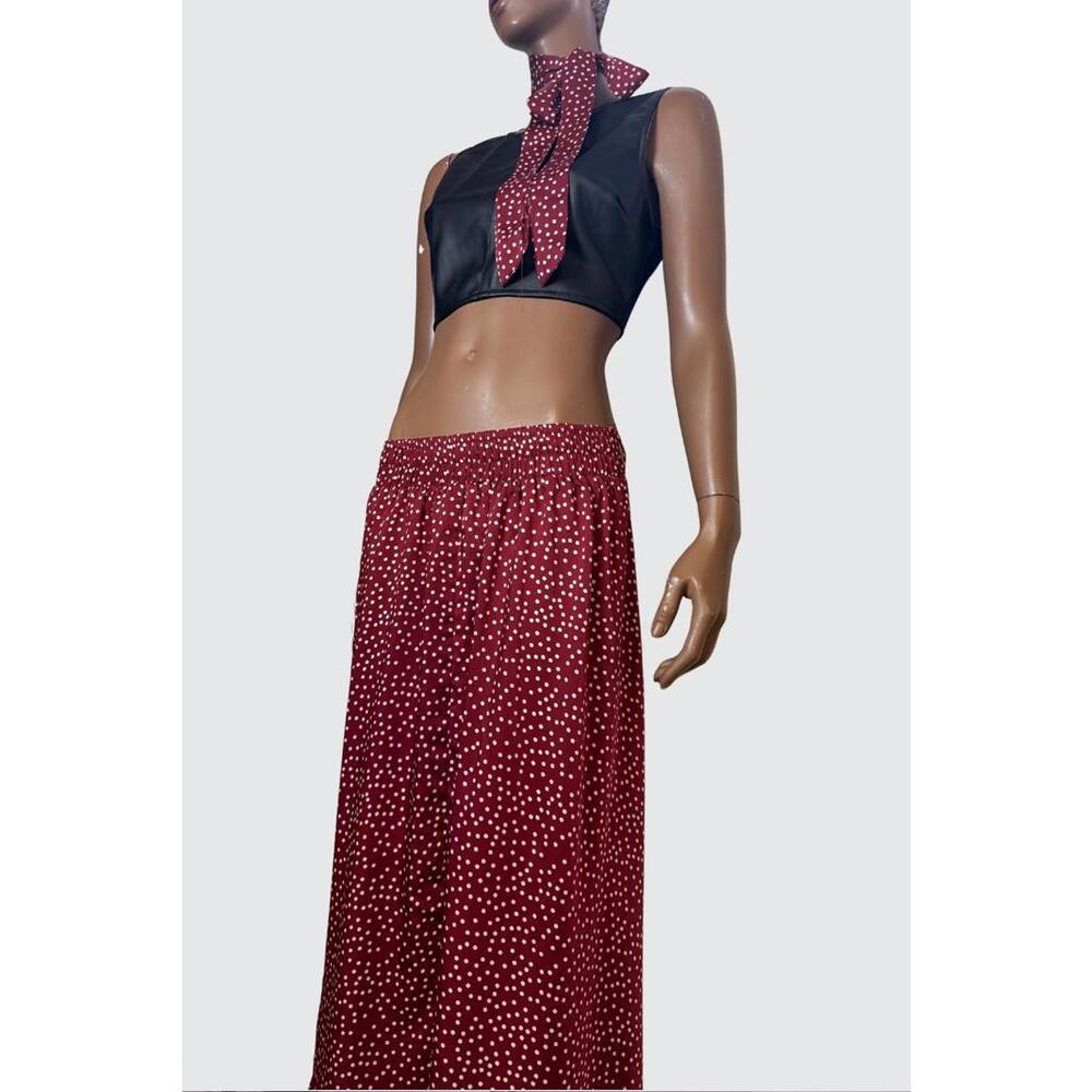 Maroon Polka Dot Midi Skirt with Elastic Waist and matching scarf/tie size S